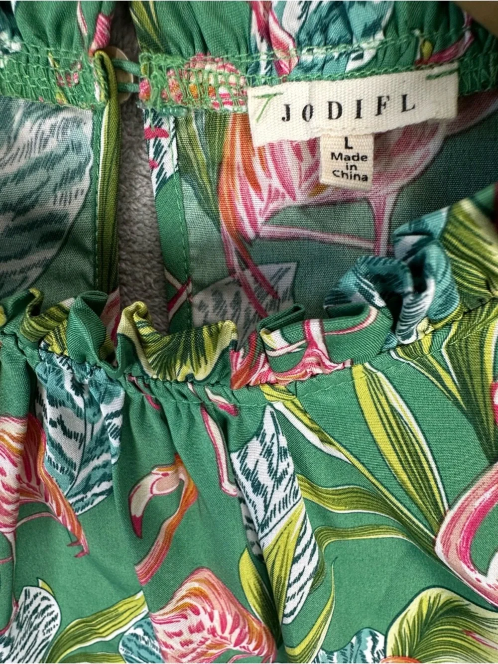 JODIFL Green Blouse with Pink Flamingo Print - Picture 3 of 7